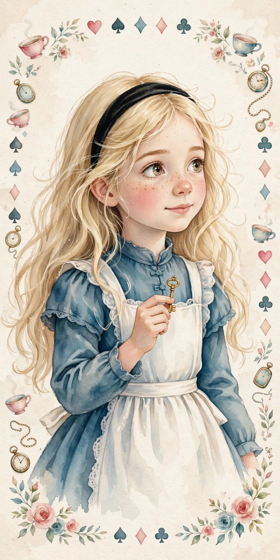 Watercolor storybook portrait of Alice: a young girl with long blonde hair, a black headband, and a blue dress with a white pinafore