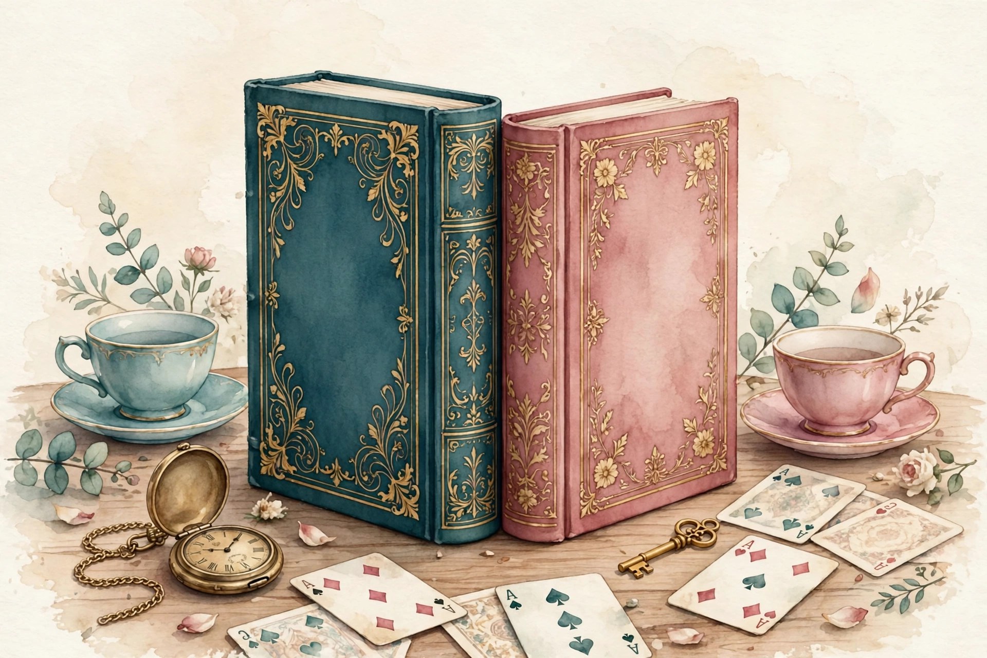 Watercolor storybook illustration of two ornate Victorian books, one teal and one rose, with gilt lettering reading Alice's Adventures in Wonderland and Through the Looking-Glass