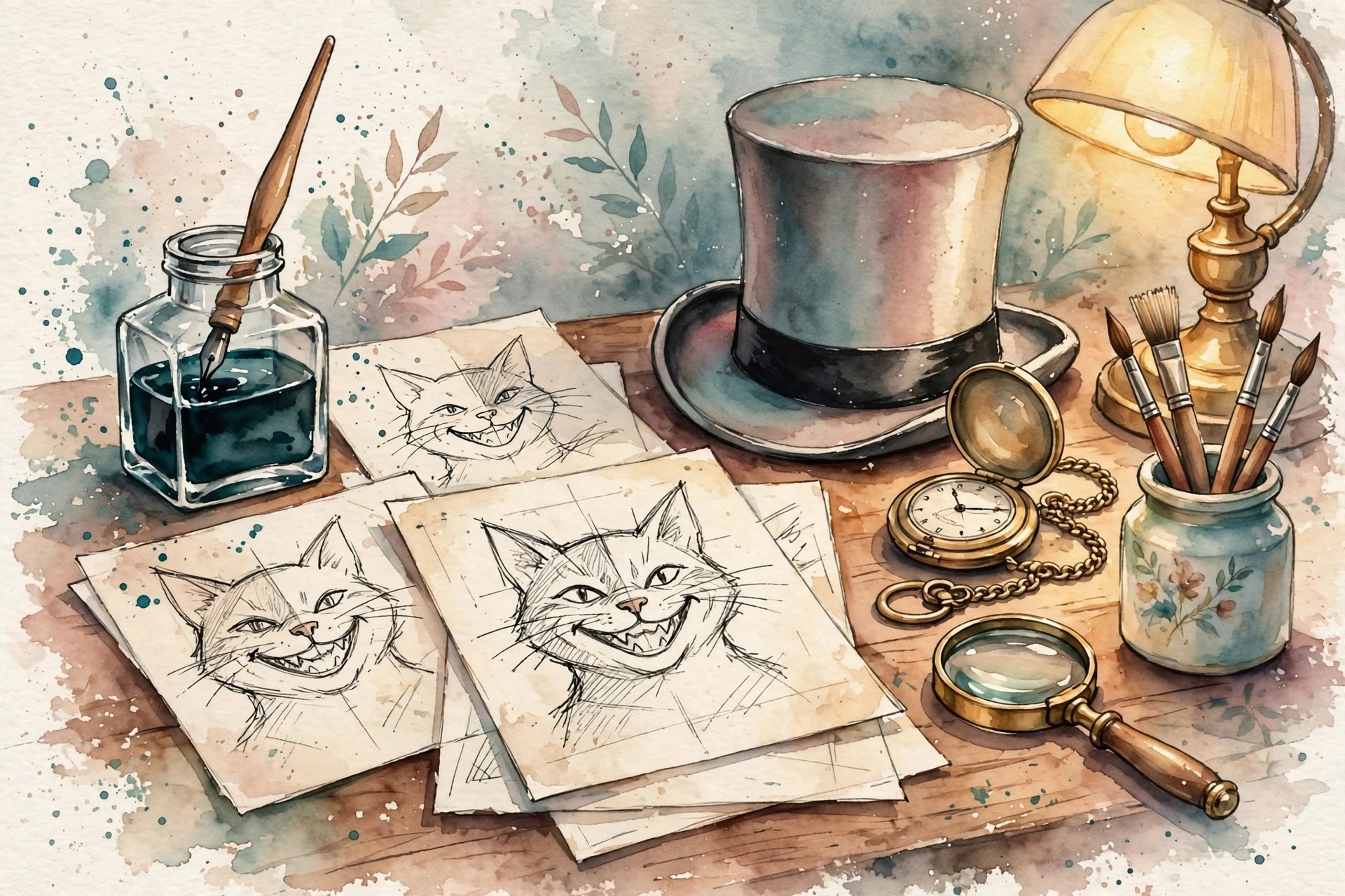 Watercolor illustration of a Victorian illustrator's desk: pen, ink bottle, and half-finished pen-and-ink sketches of a grinning cat and a hatter's hat, with no person shown