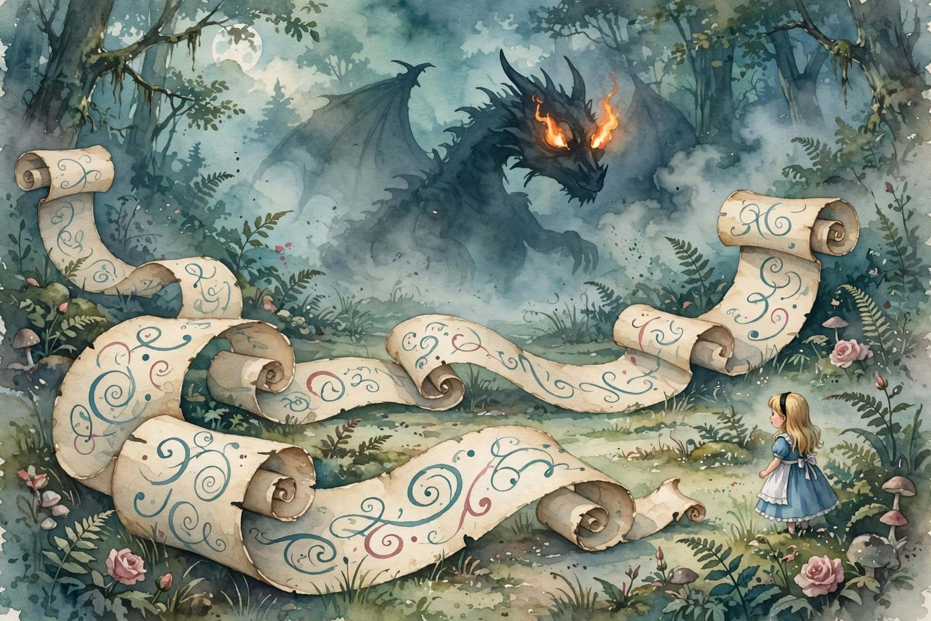 Watercolor storybook illustration of the Jabberwock poem as a floating scroll of portmanteau words over a moonlit tulgey wood