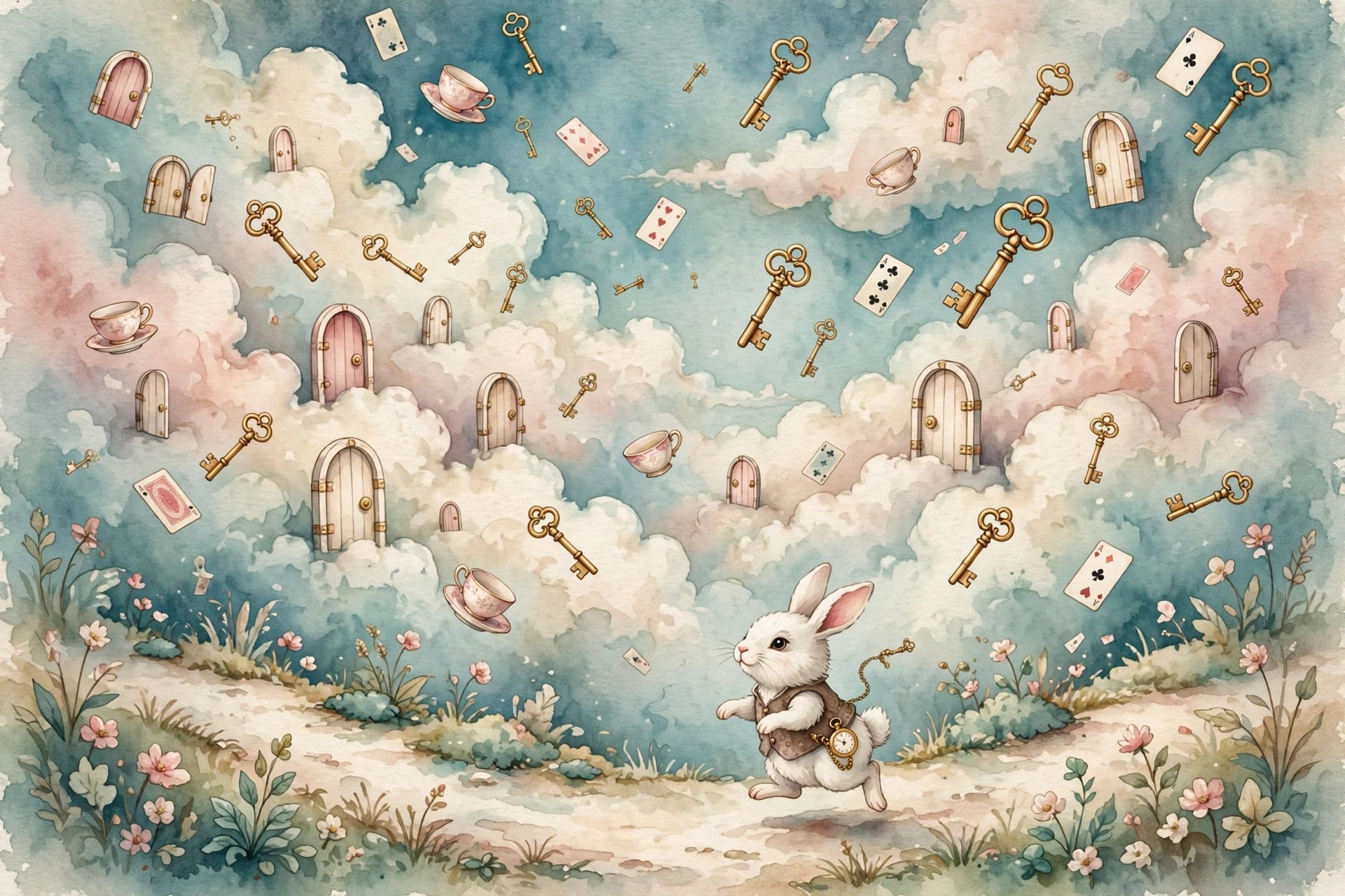 Watercolor storybook illustration of floating golden keys, tiny doors, teacups, and playing cards drifting through a teal sky