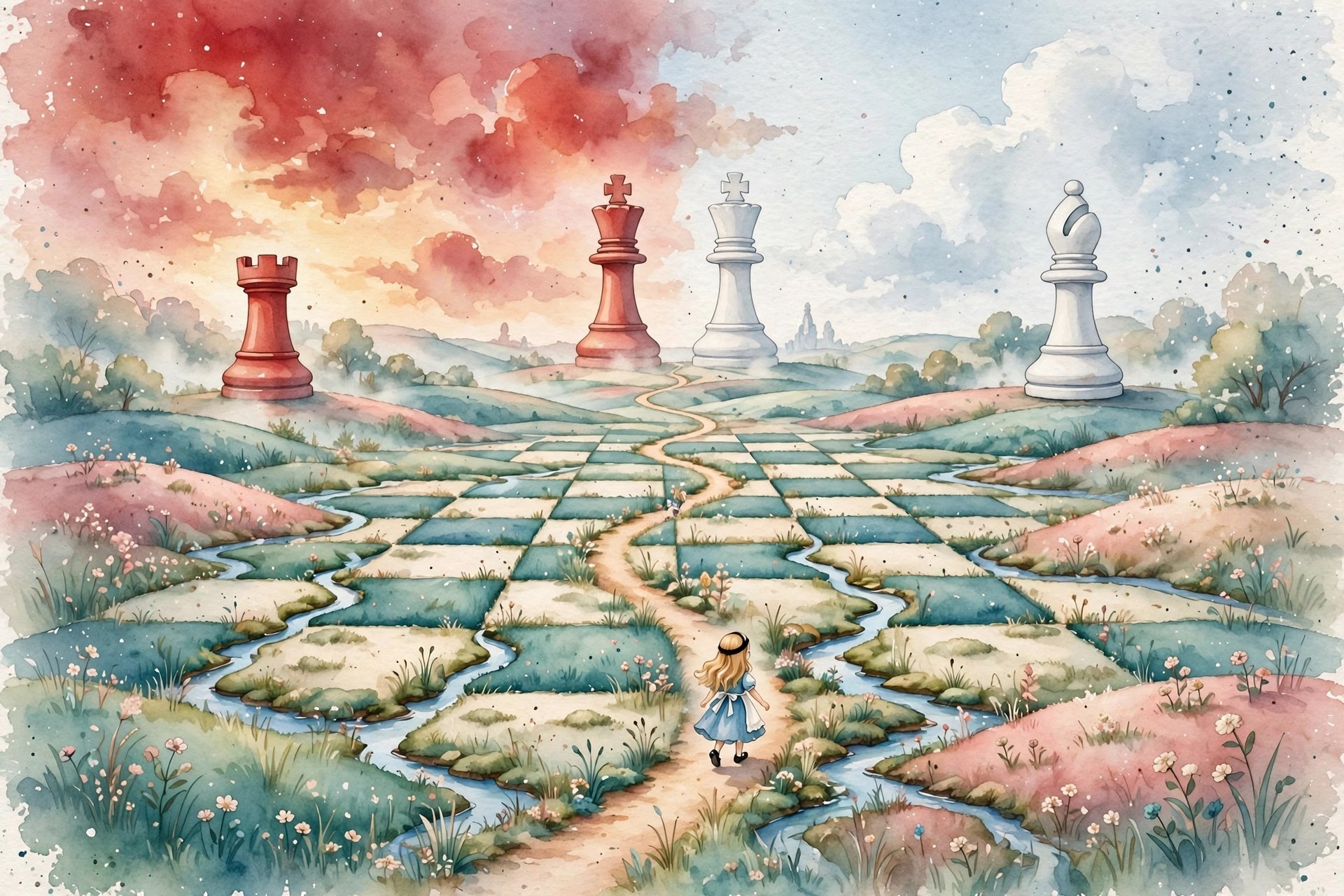 Watercolor storybook illustration of the Looking-Glass chessboard countryside: brooks crossed like chessboard squares under a red-and-white sky