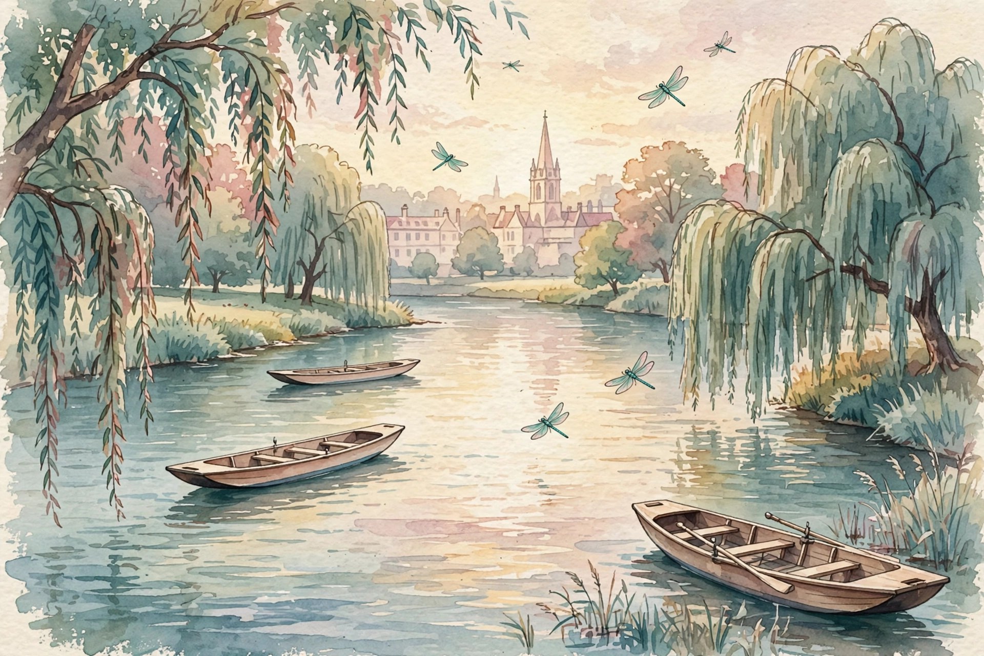 Watercolor illustration of the river Thames at Oxford on a golden afternoon: willows, a distant spire, and an empty rowing boat, with no people shown