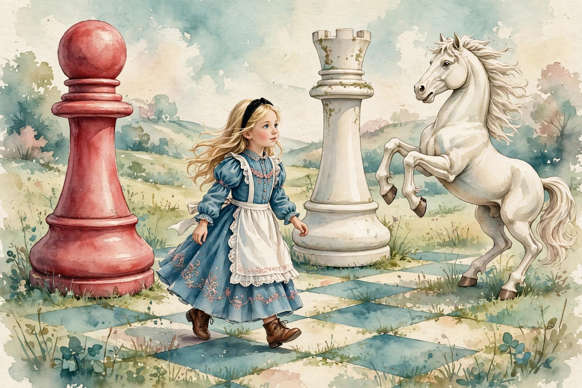 Watercolor storybook illustration of Alice as a pawn on a giant chessboard landscape