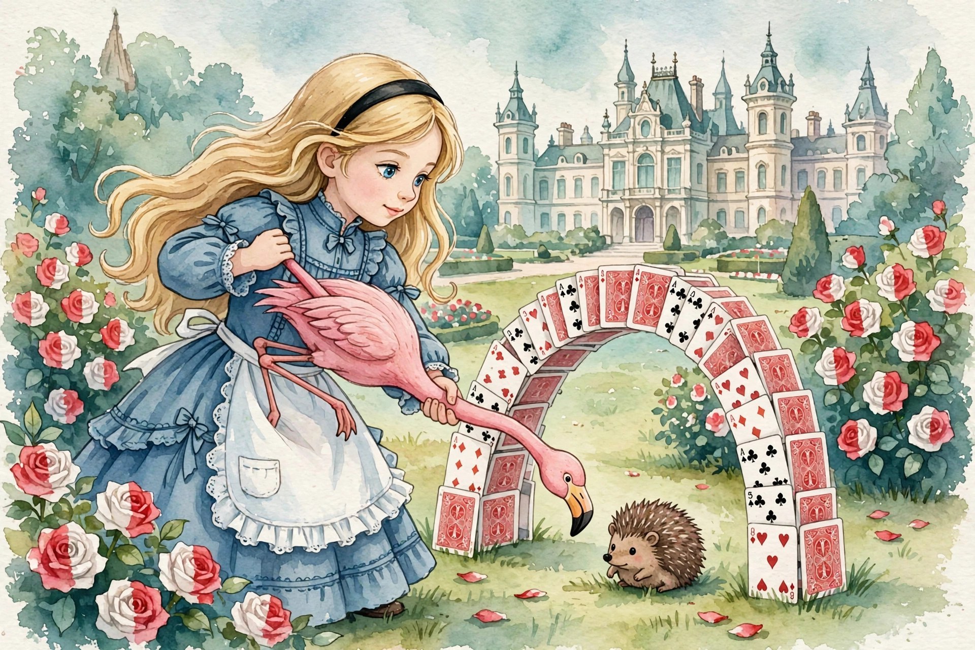 Watercolor storybook illustration of Alice playing croquet with a flamingo