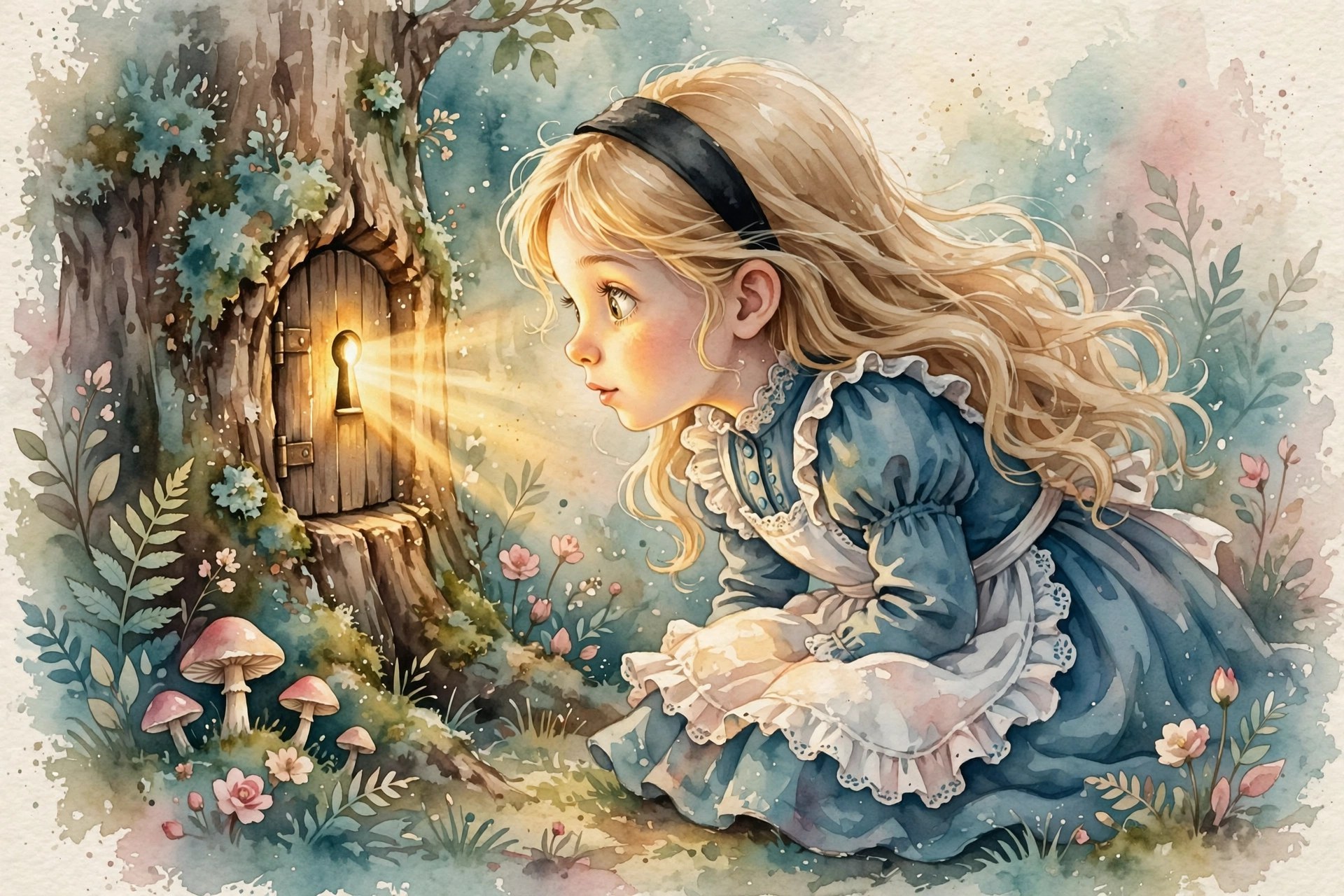 Watercolor storybook illustration of Alice peering through a tiny door at a garden
