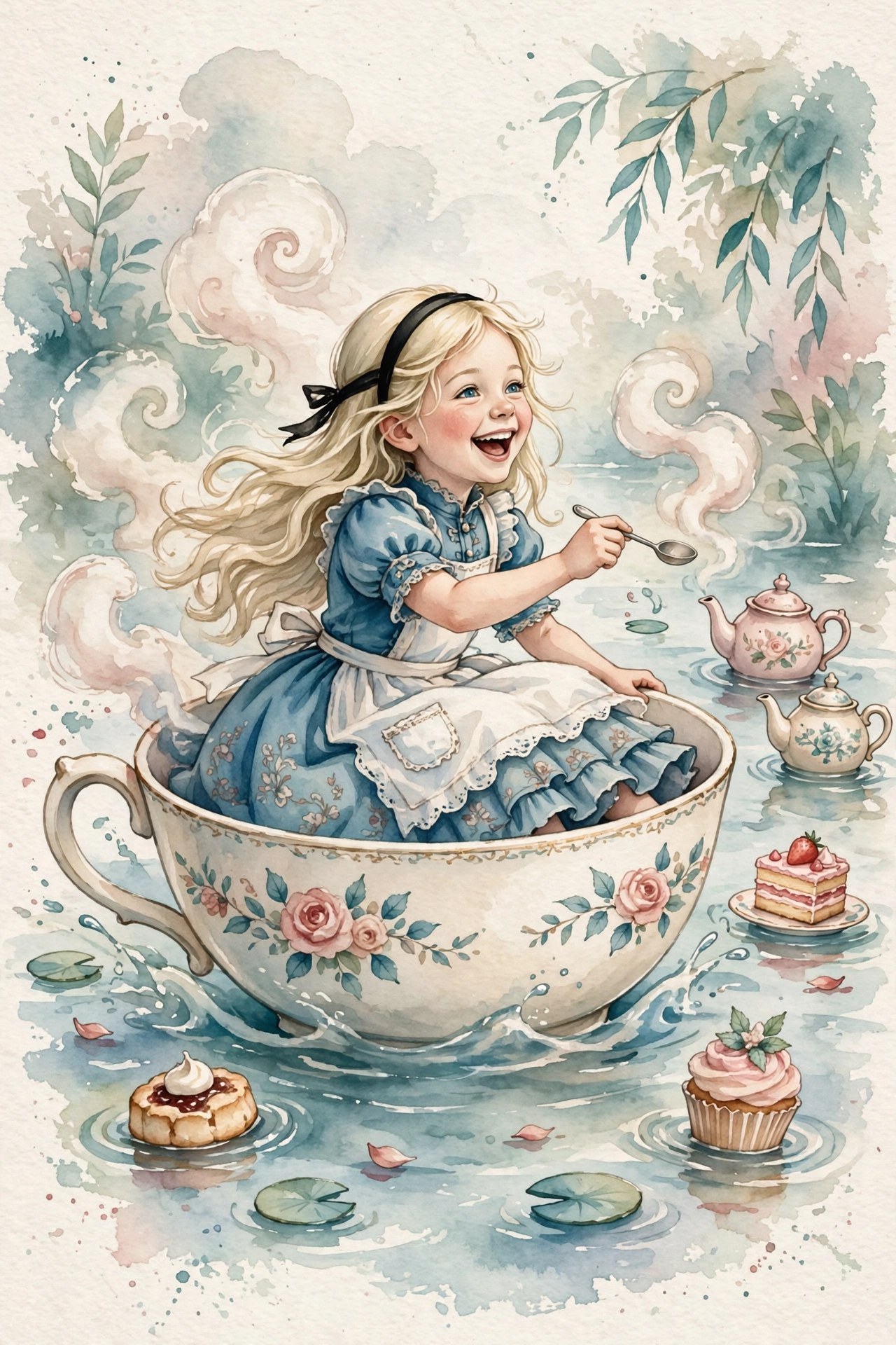 Watercolor storybook illustration of Alice at a tea-party table with oversized teacups