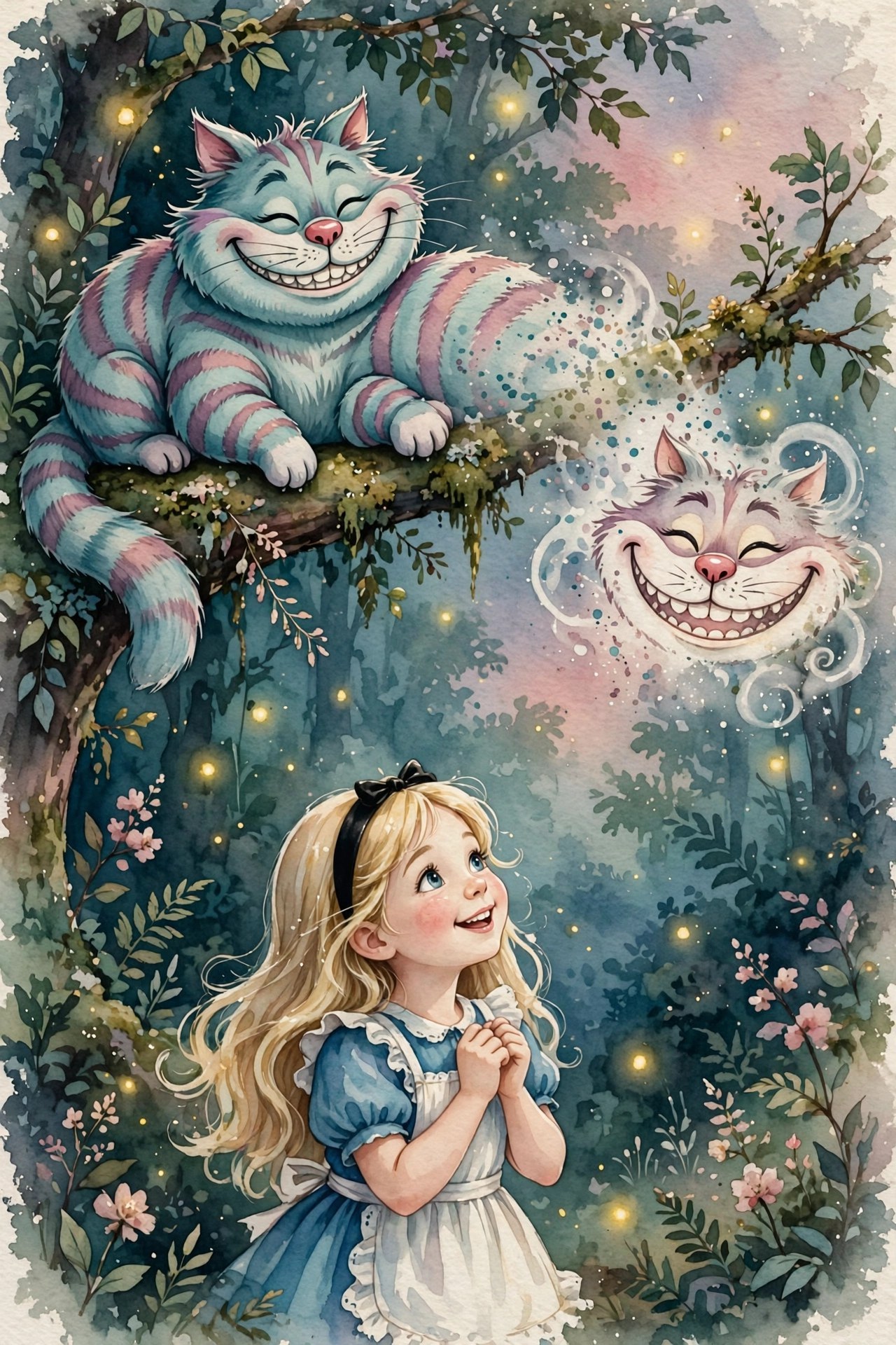 Watercolor storybook illustration of the Cheshire Cat's grin in a twilight wood