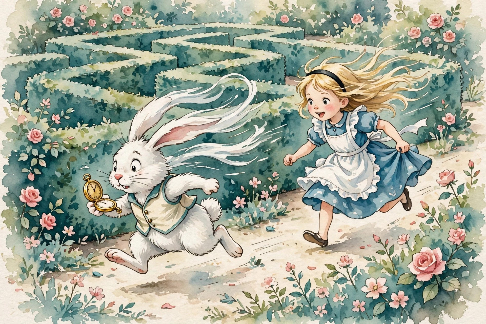 Watercolor storybook illustration of the White Rabbit hurrying with his pocket watch