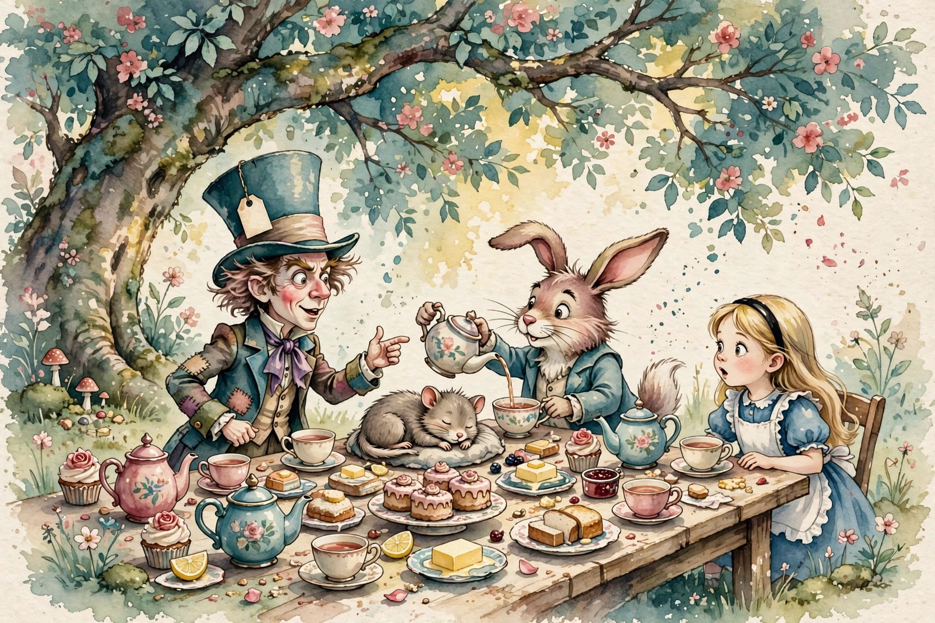 Watercolor storybook illustration of the Mad Tea-Party: a long table under a tree with the Hatter, the March Hare, and the sleeping Dormouse