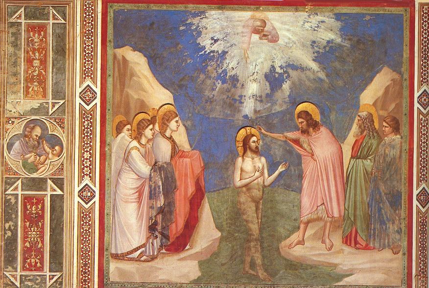 Giotto's Baptism of Christ: John the Baptist pouring water over Jesus in the Jordan