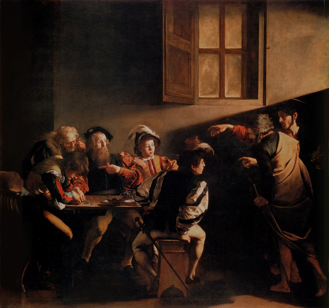 Caravaggio's Calling of Saint Matthew: Christ and Peter enter a dark tavern where Levi the tax collector counts money with his companions