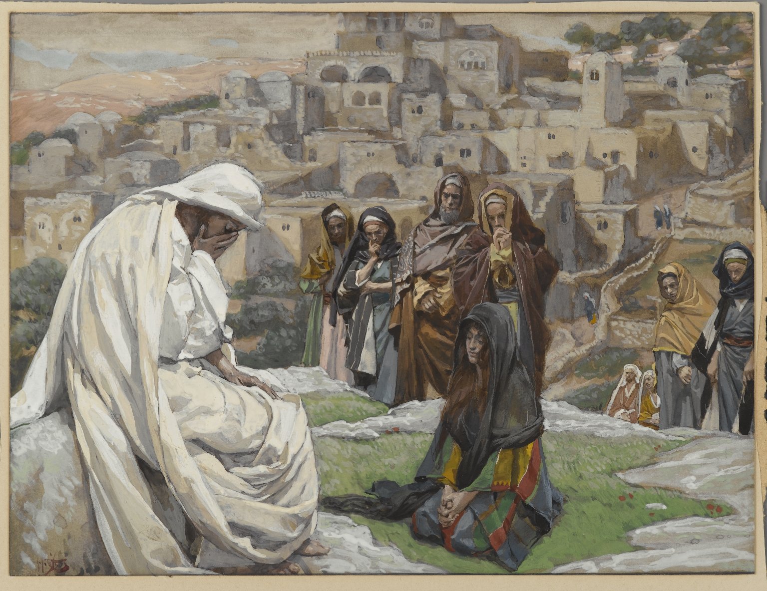 James Tissot's watercolor Jesus Wept: Jesus grieving with Martha and Mary of Bethany at the tomb of Lazarus