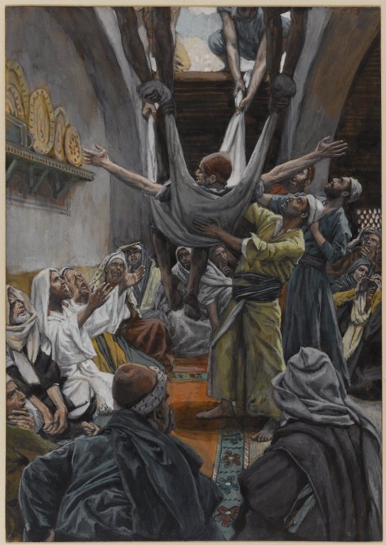 James Tissot's watercolor of friends lowering the palsied man through a roof into the room where Jesus waits