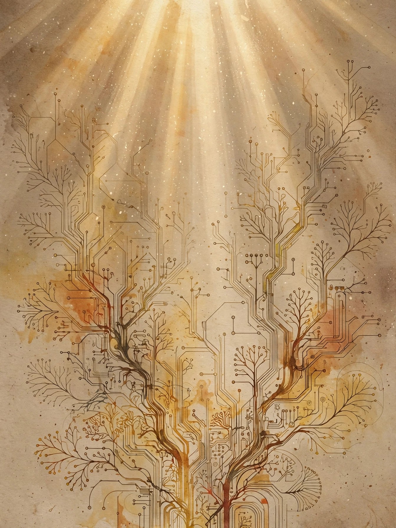 Abstract illustration: warm god rays of golden light streaming through delicate circuit-like tracery