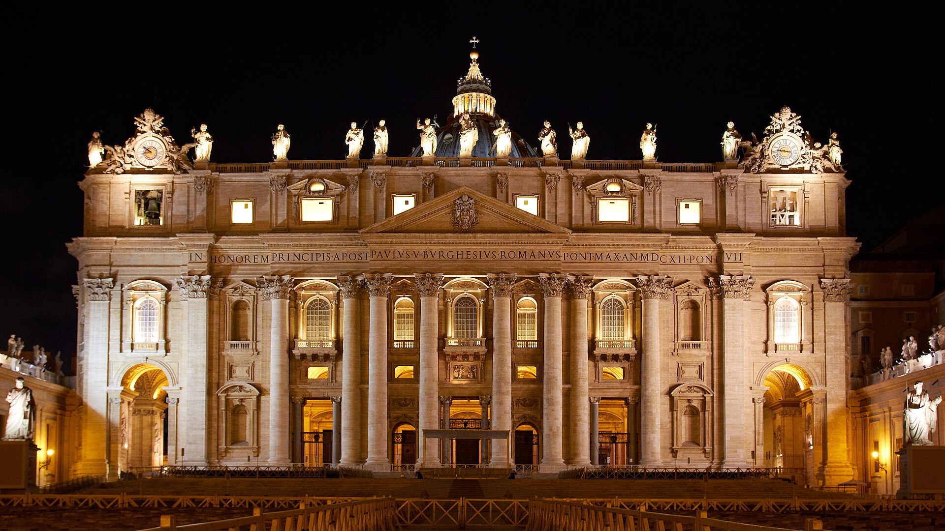 St. Peter's Basilica in the Vatican, photographed at night