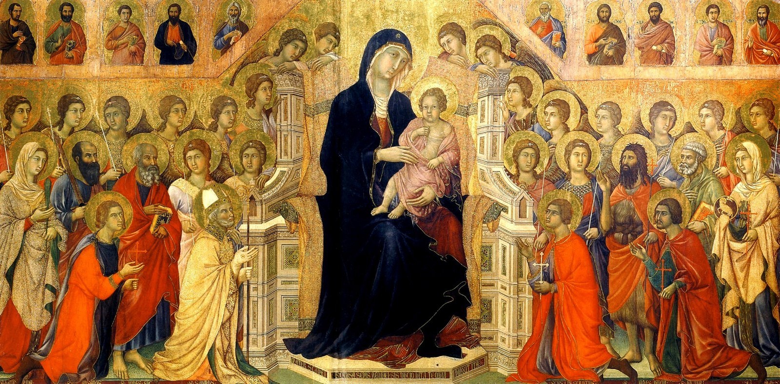 Duccio's Maestà, front main panel: the Virgin and Child enthroned among saints and angels, 1308–1311