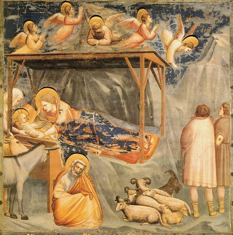 Giotto's Nativity: Mary and the infant Jesus in the stable, with angels above