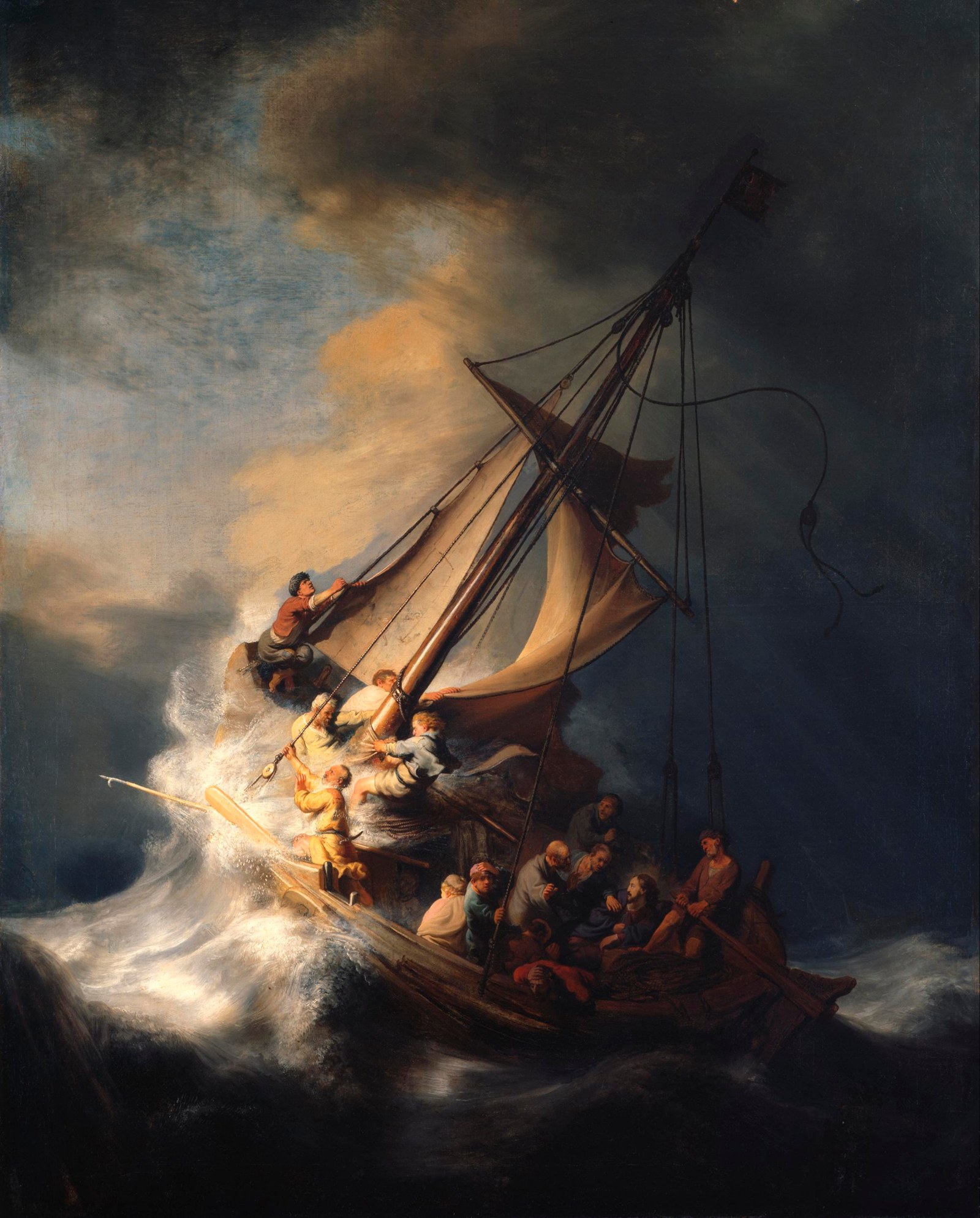 Rembrandt's Christ in the Storm on the Sea of Galilee: disciples panicking as waves swamp the boat while Christ sleeps