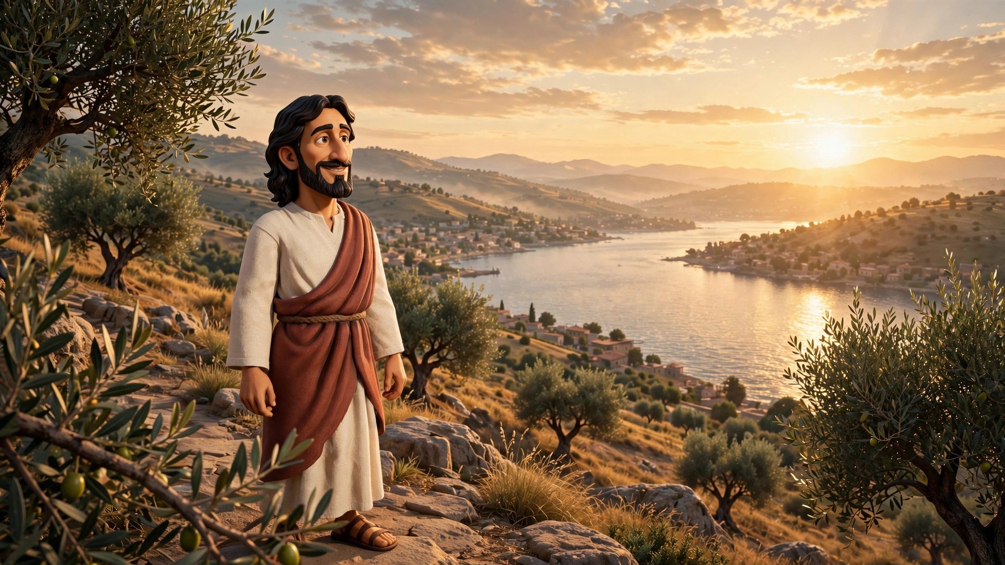 AI-generated illustration of the stream's animated Jesus character standing on a hillside at sunset above the Sea of Galilee