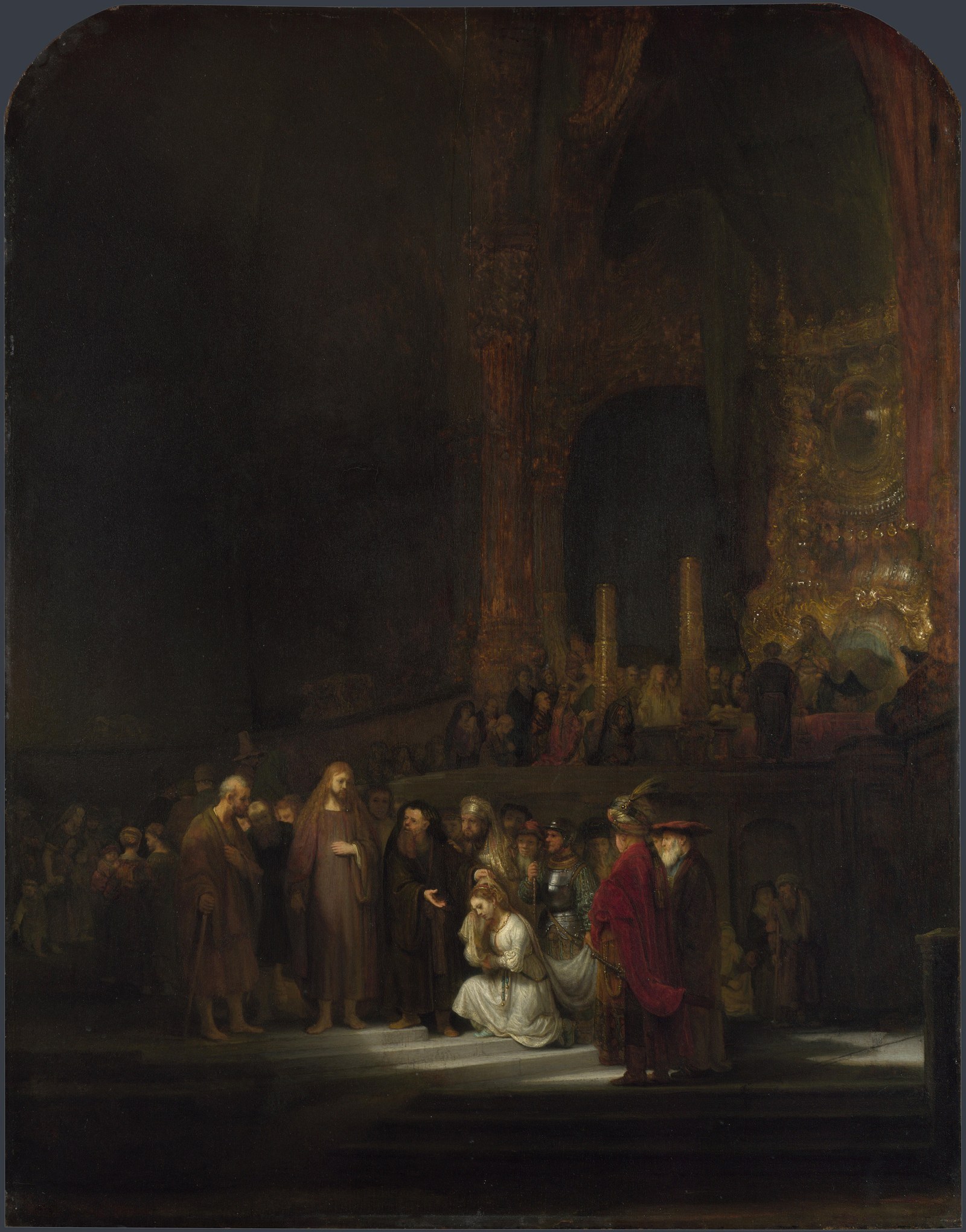 Rembrandt's The Woman Taken in Adultery, 1644: the accused woman in light before Christ in the temple