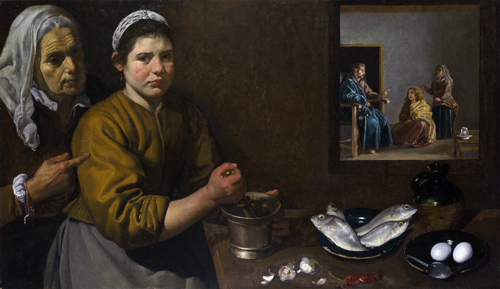 Velázquez's Christ in the House of Martha and Mary, c. 1618: a kitchen scene with the Gospel episode visible behind