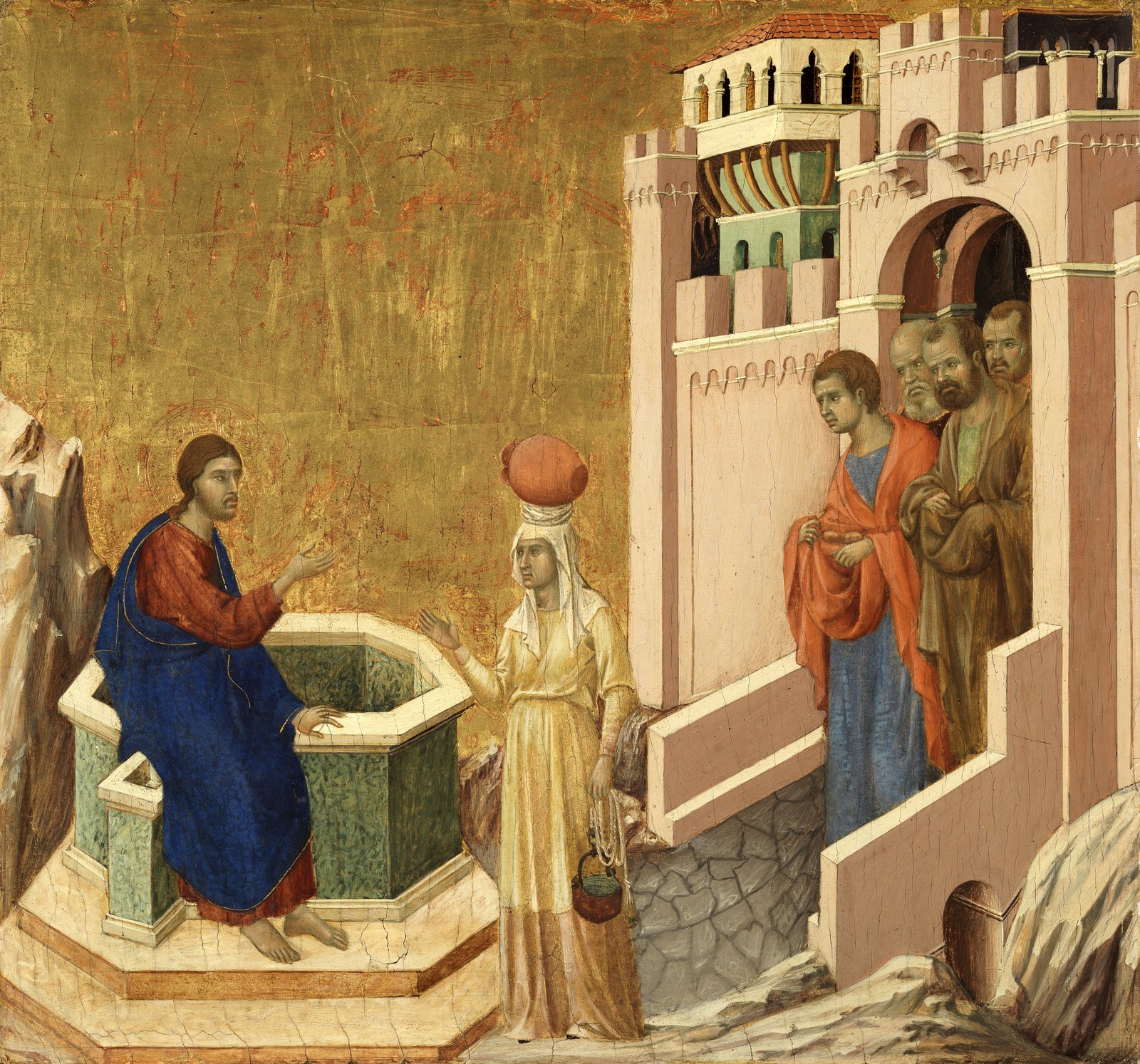 Duccio's Christ and the Samaritan Woman, a Maestà predella panel from 1310–1311