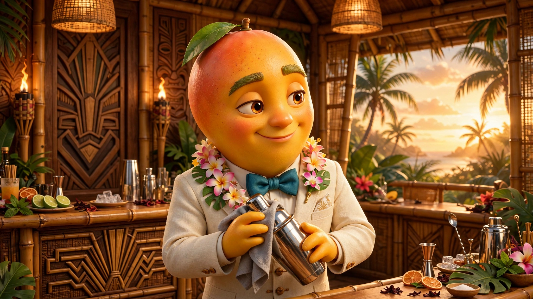 AI-generated dramatization art: Marlow Mango, a dapper mango-headed gentleman in a cream tiki-bartender jacket and bow tie, polishing a cocktail shaker at a bamboo tiki bar at sunset
