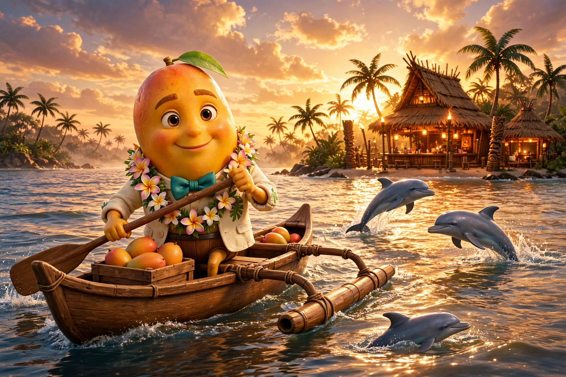 AI-generated dramatization art: Marlow sailing a small outrigger canoe toward a glowing tiki bar island at sunset, crate of mangoes aboard