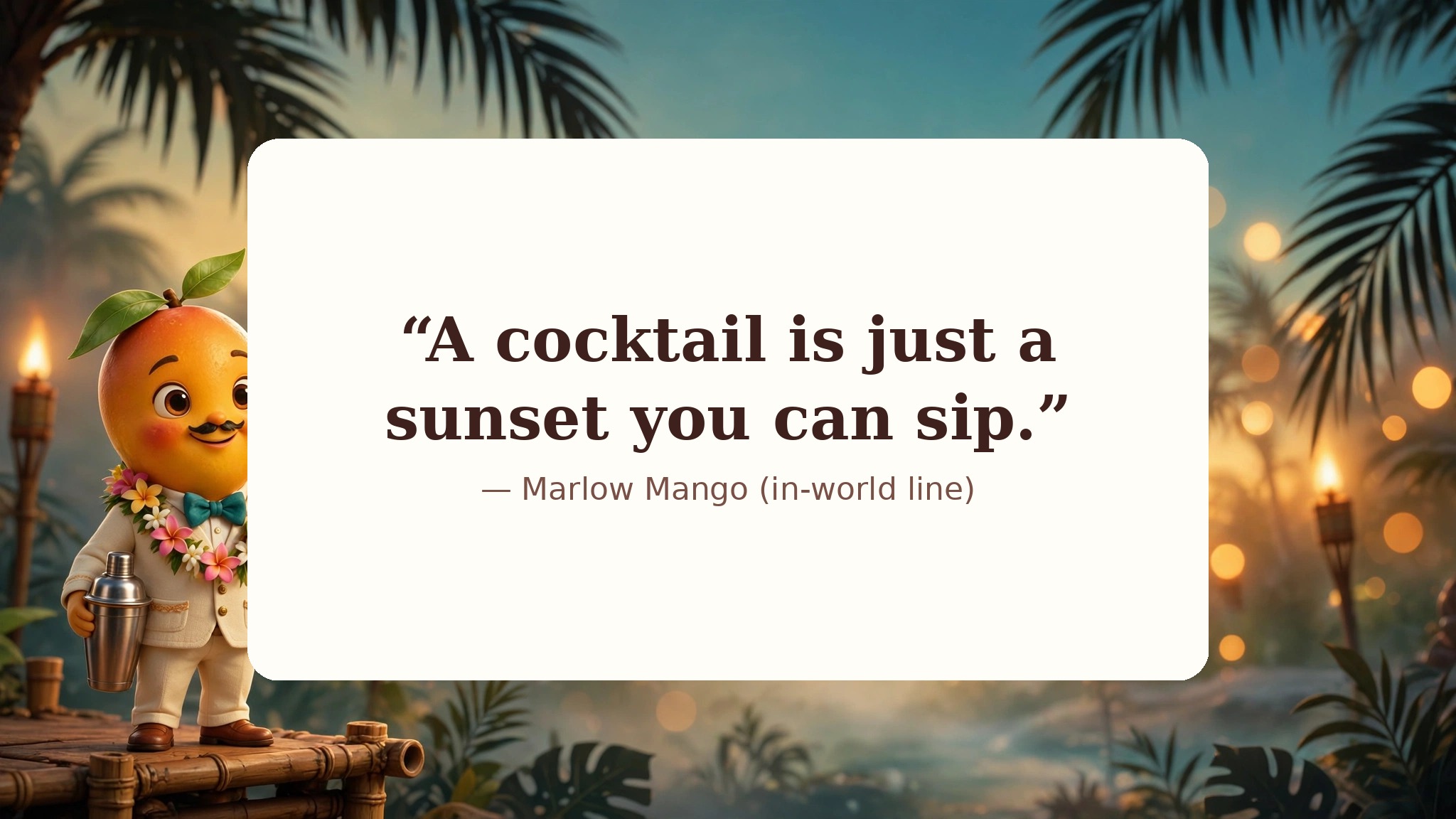 AI-generated dramatization art: Quote card 1 — Marlow Mango in-world line