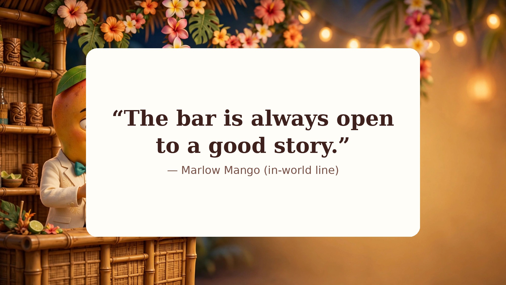 AI-generated dramatization art: Quote card 3 — Marlow Mango in-world line