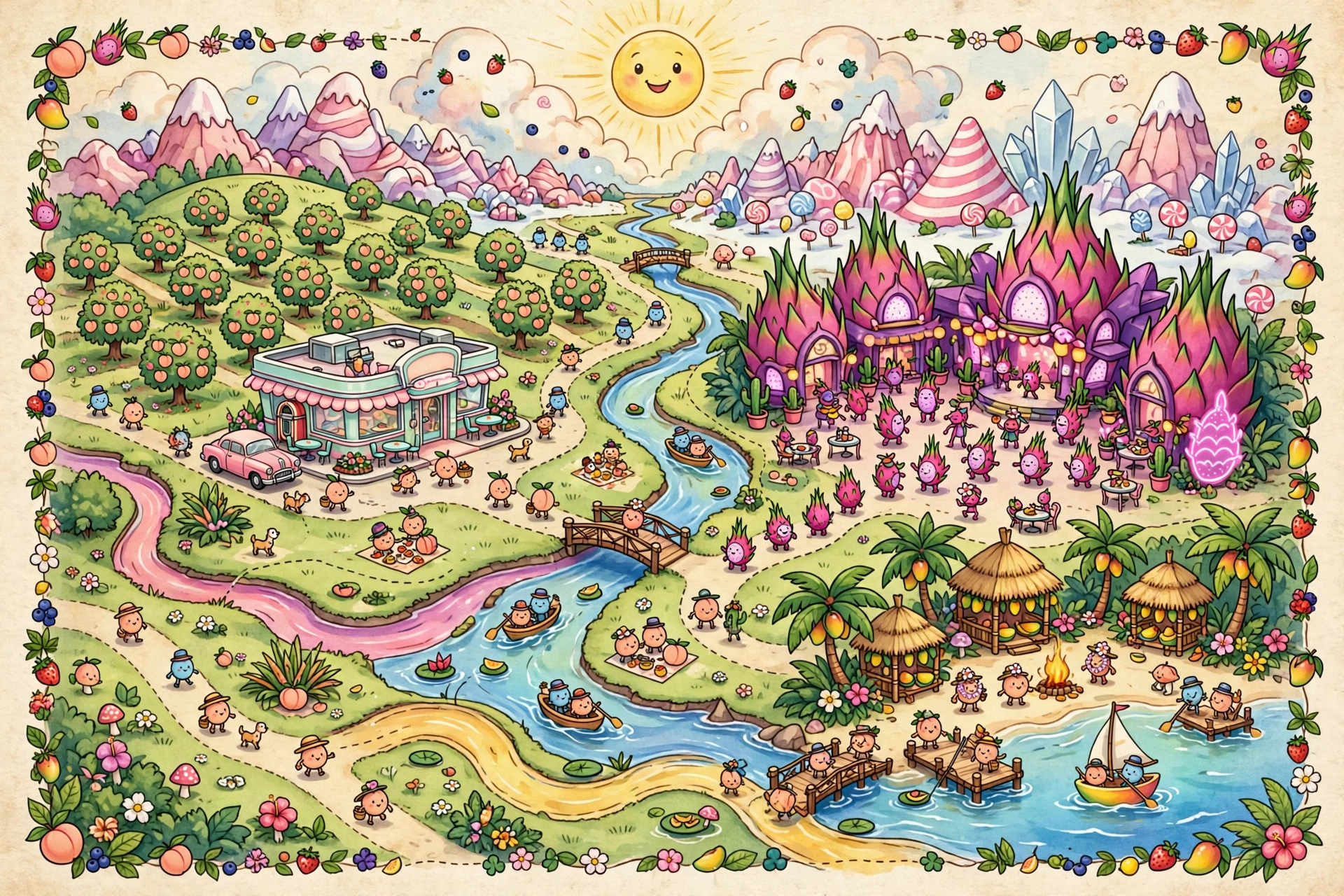 AI-generated dramatization art: Storybook map of Fruitopia